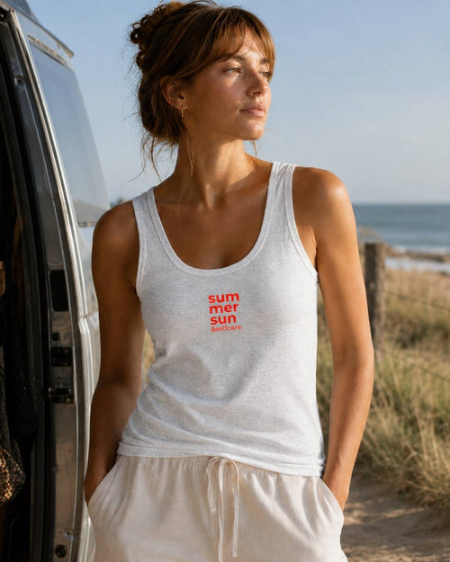 Damen Tank Top summer sun & selfcare aus Bio-Baumwolle in Cool Heather Grey